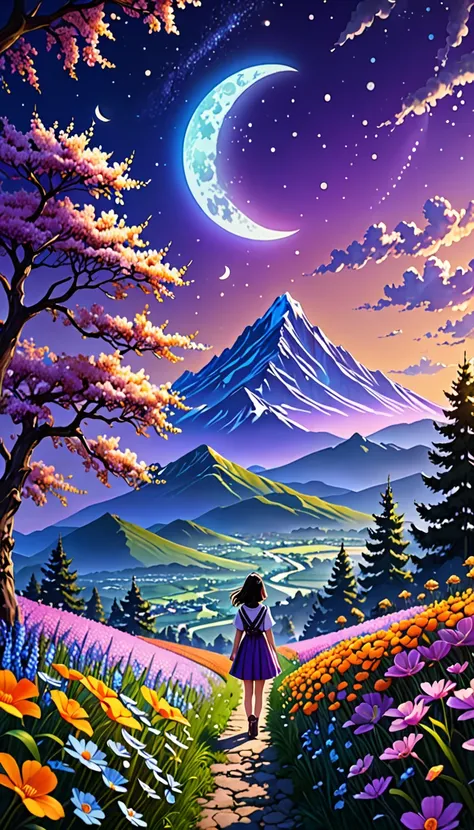 Vast landscape photos、(look from down，The sky is rising、The field is down)、Girl standing in a flower garden and looking up、(moon full:1.2)、(meteors:0.9)、(Starcloud:1.3)、mountain in the distance、The tree BREAK Craft Art、(Warm light:1.2)、(glowworm:1.2)、A lig...