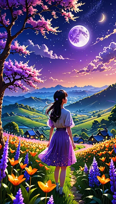 Vast landscape photos、(look from down，The sky is rising、The field is down)、Girl standing in a flower garden and looking up、(moon full:1.2)、(meteors:0.9)、(Starcloud:1.3)、mountain in the distance、The tree BREAK Craft Art、(Warm light:1.2)、(glowworm:1.2)、A lig...