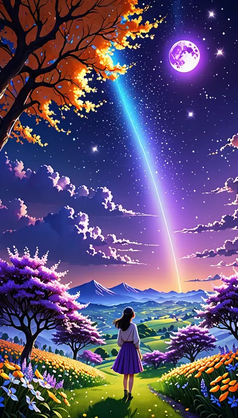 Vast landscape photos、(look from down，The sky is rising、The field is down)、Girl standing in a flower garden and looking up、(moon full:1.2)、(meteors:0.9)、(Starcloud:1.3)、mountain in the distance、The tree BREAK Craft Art、(Warm light:1.2)、(glowworm:1.2)、A lig...