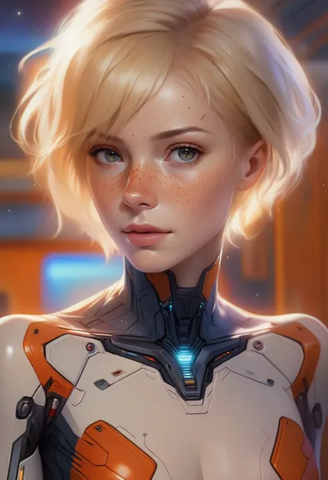 best quality, masterpiece, detailed background, digital painting, science fiction, starship interior, freckles, 1girl, woman, (bodysuit:1.2), short hair, blonde hair, (freckles:1.7), smirk, (skin tight:1.2), plugsuit, undercut, 