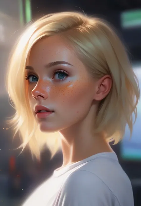 best quality, masterpiece, detailed background, digital painting, science fiction, starship interior, freckles, 1girl, woman, (bodysuit:1.2), short hair, blonde hair, (freckles:1.7), smirk, (skin tight:1.2), plugsuit, undercut, 