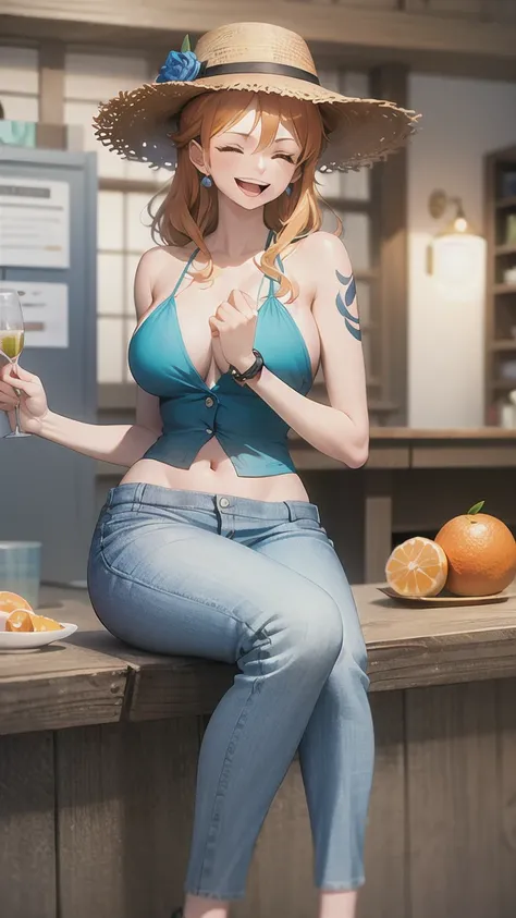 (bestquality,masterpiece) ,NamiOP, jewelry, smile, cleavage, earrings, swimsuit, bikini, open_mouth, bracelet, navel, collarbone, bikini_top_only, denim, pants, jeans, :d, groin, holding, closed_eyes, sitting, stomach, blue_pants, blurry_background, hat, s...