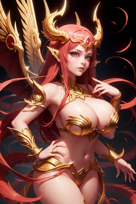 golden dragon goddess with wings, perfect hands, golden shine, fictional figure body hands on waist