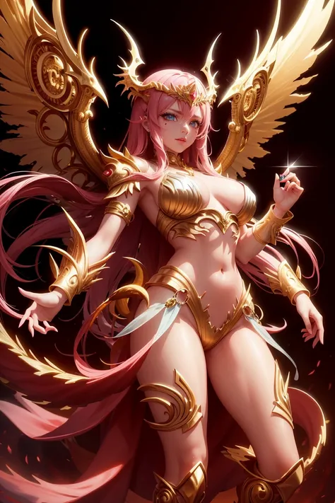 golden dragon goddess with wings, perfect hands, golden shine, fictional figure body hands on waist