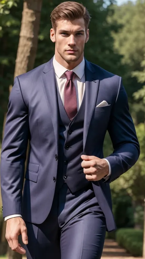 1man, suit, muscle, tall, realistic, handsome, handsome, realistic, Outdoors, blurred background,