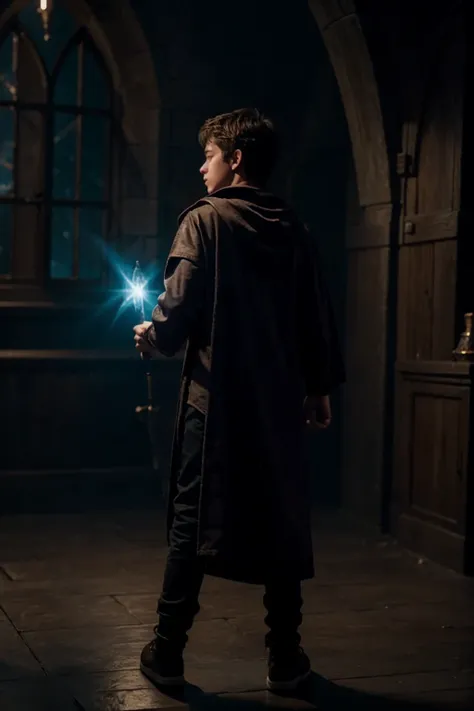 Teenage wizard from the back, wearing a wizards outfit and a magic wand in his right hand with a glowing tip in a light environment
