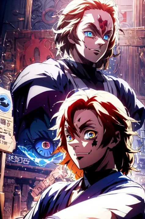 Realistic, (masterpiece, top quality, best quality, official art), very detailed, most detailed, long golden blond hair, (glowing blue eyes), deepe blue iris eyes, white skin tone, like a vampire, mysterious, (magic), sexy man, demon, blood, oni, Kimetsu n...