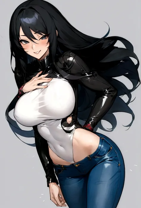 Anime girl,long black hair,sexy,wearing sexy top and tight jeans,grinning,