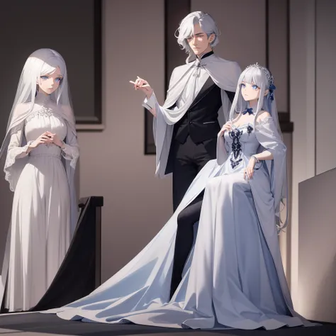 a handsome man with silver hair, blue eyes, White skin, Dress elegantly, With velvet cloaks and lace shirts playing the violin, while a beautiful woman sits watching him with hazel eyes, black hair, White skin, elegant blue silk dress