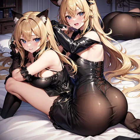 Haz u waifu, with cat ears, blond hair, happy, wishing for something, on top of the camera and black clothes and with milk on the face, with a lot of bust, with a butt and crouched on a bed with a look of pleasure