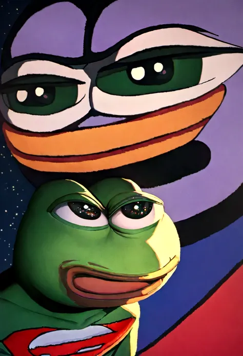 portrait of purple super hero pepe with purple skin,, wearing superman outfit with big H in middle , a starry night sky background, (((pepe_frog))),,detailed portrait, (best quality,8k,highres,masterpiece:1.2),ultra-detailed,digital painting,vibrant colors...