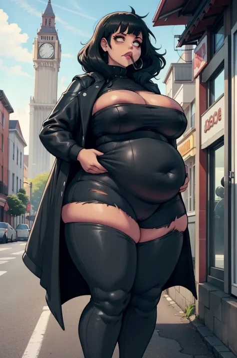 1woman, giant, fat, curvy, thick, big belly, wide hips ,thick thighs, big , chubby belly, tall, bloated belly. standing in a street. eating hamburgers. goth, gothic clothes, black clothes, black hair, tight clothes.