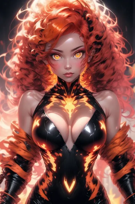 portrait  of  a woman with red hair and a black top, glowing orange eyes,  nude, big boobs , glowing yellow eyes, yellow - orange eyes, glowing yellow eyes, bright orange eyes, amber eyes, bright amber eyes, golden yellow eyes, with glowing red eyes, fiery...