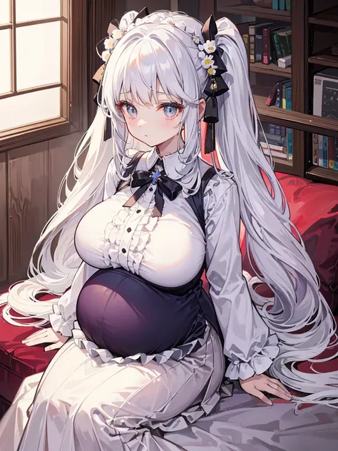 1 22-year-old girl,hair, Long double ponytail, shirt, Fluffy collar, White fluffy skirt, hair上的白色丝带, Lots of hair accessories, Lolita，(Pregnant，Huge breasts：1.8)，Room