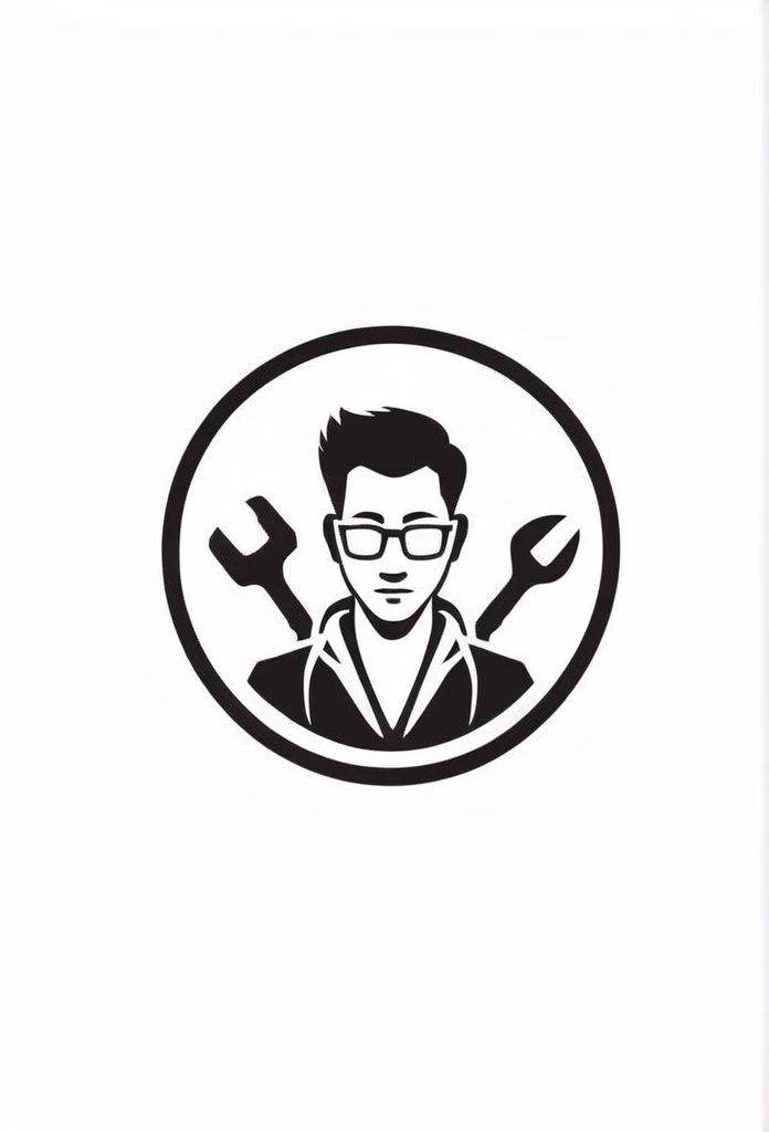 Japans stylish electronics company logo that handles tools

Stylish, monotone person (big picture) who works in the factory with tools inside the logo

Pretty cool
chic and modern design
monotone



The background is white