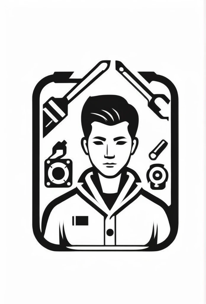 Japans stylish electronics company logo that handles tools

Stylish, monotone person (big picture) who works in the factory with tools inside the logo

Pretty cool
chic and modern design
monotone



The background is white