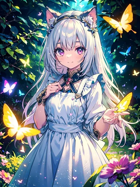 a detailed portrait of a beautiful young woman with sparkling eyes, highlighted eyes, medium chest, pretty smile, longing expression, cat ear headband, long silver hair, pink eyes, in a colorful floral dress with a white apron, standing in a bright spring ...