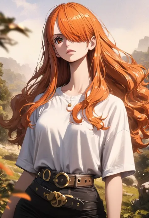 masterpiece, best quality), intricate details, 1 girl, woman, orange hair, nami  (one piece), (long hair), shirt, ((white shirt, black pant, black court)) female focus, nature, scenery, upper body, ((front view)) ((close up shot)) ((solo)) ((hair over one ...