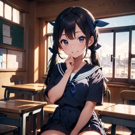 Highest quality, Very detailed, masterpiece, One Girl, Sitting in a chair Smiling, Open Mouth, 15yo, (low twintails:1.2), Low Pigtails, Black Hair, Long Hair, (Navy blue sailor suit with blue ribbon:1.4), Long sleeve, Dark brown eyes, School desk, School C...