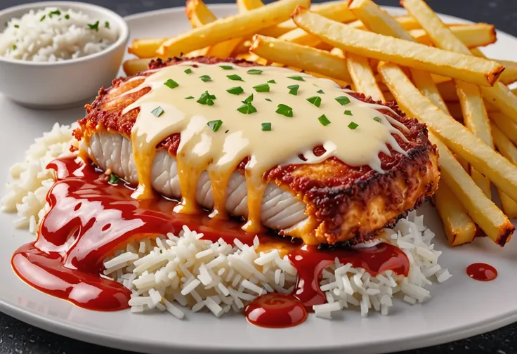 A 4K image of (crispy parmigiana fillet), it is perfectly prepared, covered with a generous layer of melted cheese, accompanied by white rice and French fries.