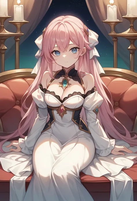 ((Highest quality)), ((masterpiece)), (detailed), ((Perfect Face)), Lilia, One Girl、Pink Hair、blue eyes、White dress with black lace、large pink ribbon on the chest、Under the stars、Sitting、Aurora、move、