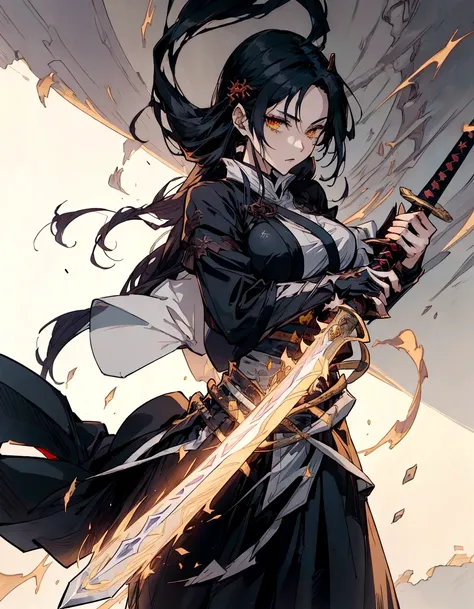 anime girl with a sword and a black dress, handsome guy in demon slayer art, demon slayer rui fanart, she is holding a katana sword, with large sword, by Yang J, she is holding a sword, holding a sword on her shoulder, demon slayer artstyle, holds a black ...