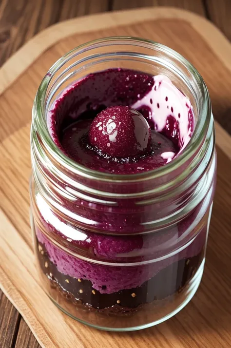 Açaí ice cream in a small transparent plastic jar 