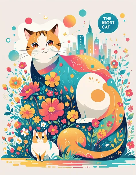 Mel style cat, Standing in front of a high wall，simple line acronym，abstraction，City background, (((The most beautiful cat))), Colorful flowers