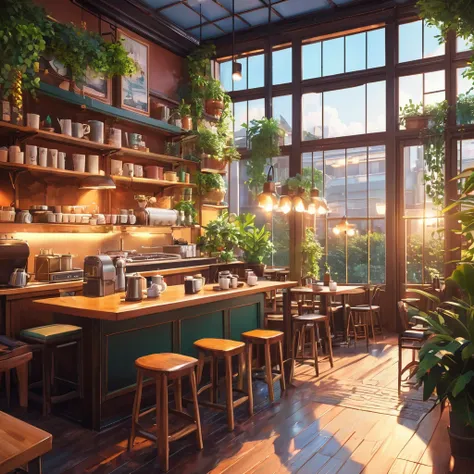 Anime-style, horizontal, the interior of a coffee shop is illustrated with intricate details and vibrant colors. Delicate steam rises from the hot coffee cup on the table, seats are with soft cushions, a lot of potted plants, adding to the cozy and invitin...