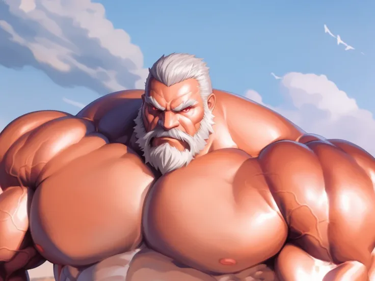 animestyle, solo, 1boy, perfect anatomy, perfect proportion. Huge Muscular Old man, mad, looking to viewer, red eyes, pectoral, thick arms, huge pectoral, wide pectoral, short white hair, red beard and hair, simple background, masterpiece, anime:1.2, high ...