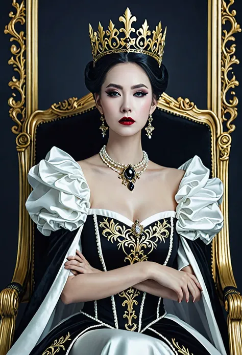 woman wearing a black and white dress and a gold crown, beautiful fantasy empress, ((beautiful fantasy empress)), gothic regal, ...