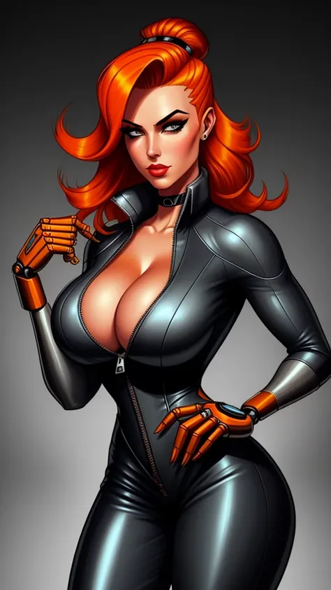 Femme Fatale, gorgeous mechanic, atompunk, blank background, retro-futurism, mechanical hand, cybernetic augments, unzipped orange jumpsuit, gunmetal grey, cleavage, half shaved head, ginger hair