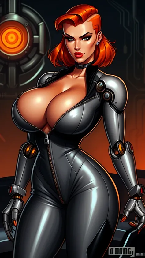 Femme Fatale, gorgeous mechanic, atompunk, blank background, retro-futurism, mechanical hand, cybernetic augments, unzipped orange jumpsuit, gunmetal grey, cleavage, half shaved head, ginger hair