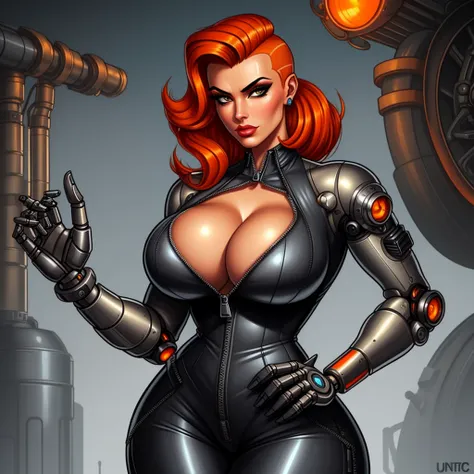 Femme Fatale, gorgeous mechanic, atompunk, blank background, retro-futurism, mechanical hand, cybernetic augments, unzipped orange jumpsuit, gunmetal grey, cleavage, half shaved head, ginger hair