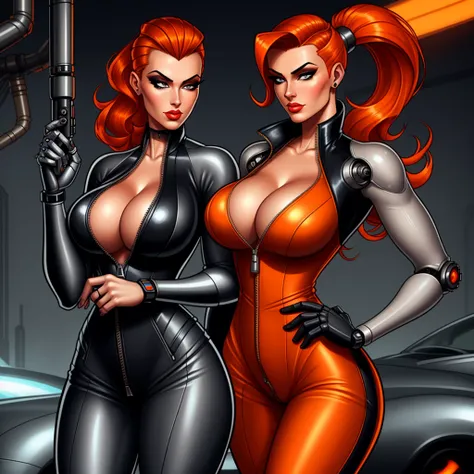 Femme Fatale, gorgeous mechanic, atompunk, blank background, retro-futurism, mechanical hand, cybernetic augments, unzipped orange jumpsuit, gunmetal grey, cleavage, half shaved head, ginger hair