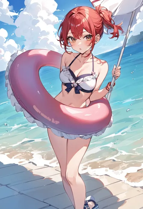 swimwear、ocean、parasol、swim ring、red hair、shortcuts