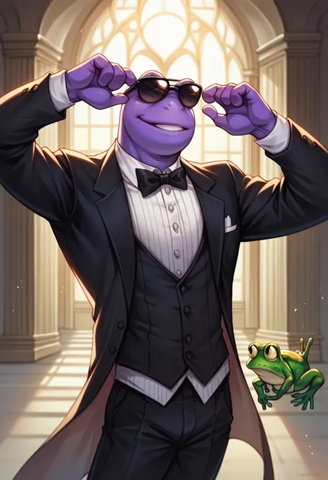 score_9, score_8_up, score_7_up, score_6_up, score_5_up, score_4_up, pepe the frog with purple skin wearing a superhero clothes , solo, male, frog, amphibian, tuxedo, skin, mansion, purple, sunglasses, detailed background 