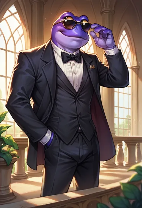 score_9, score_8_up, score_7_up, score_6_up, score_5_up, score_4_up, pepe the frog with purple skin wearing a superhero clothes , solo, male, frog, amphibian, tuxedo, skin, mansion, purple, sunglasses, detailed background 