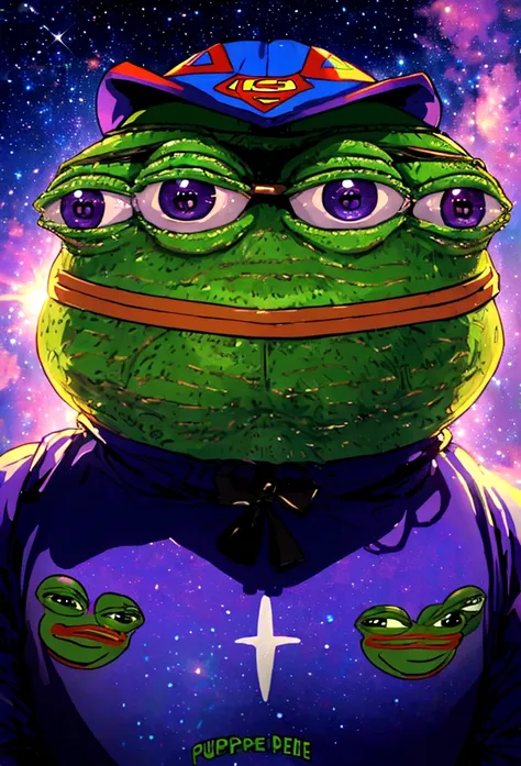 portrait of purple super hero pepe with purple skin,, wearing superman outfit with big h in middle , a starry night sky backgrou...