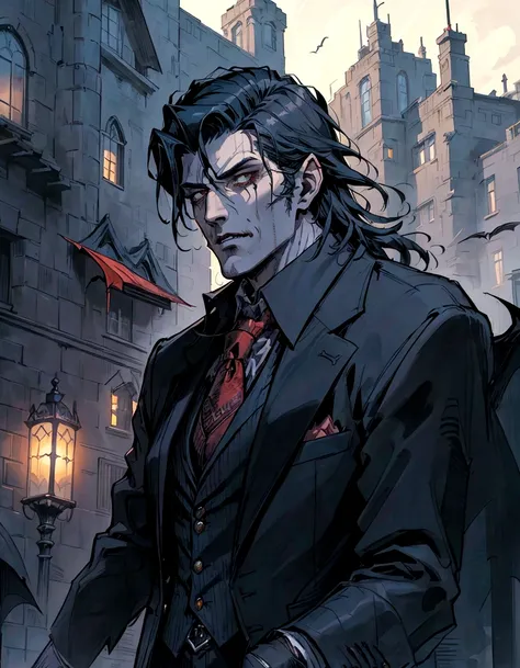 a close up of a man in a suit and tie standing in front of a building, style of raymond swanland, portrait of professor sinister, handsome male vampire, portrait of fin wildcloak, epic and classy portrait, male vampire, handsome guy in demon slayer art, a ...