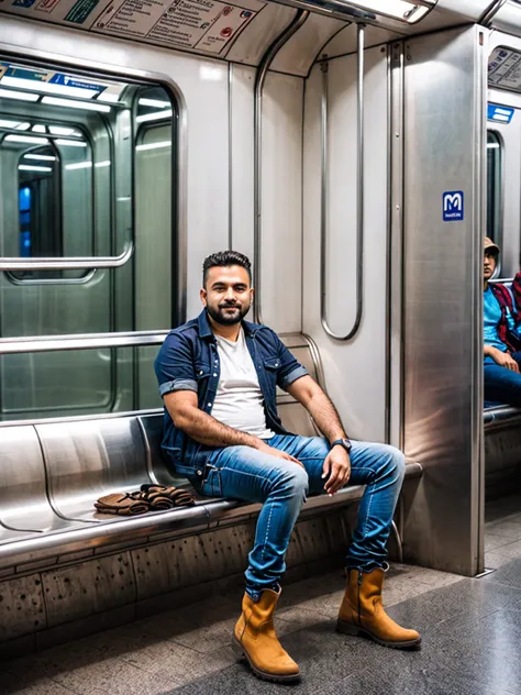 A man sitting in a metro rail.wearing casual clothes and boots