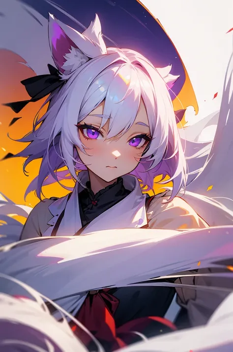 Female kitsune, Medium white hair, purple eyes, fox ears downcast, playful look, portrait, school clothes 