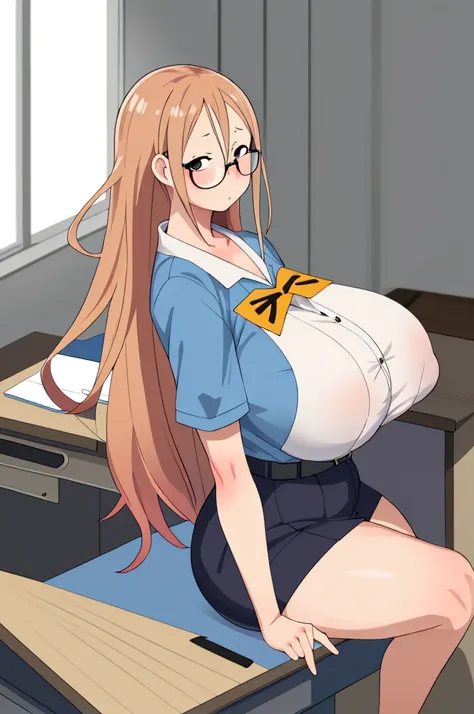 personaje de anime con gafas sentado on a desk con una computadora, (sfw) Insurance for work, seductive anime girl, on pixiv, on a desk, murata and artgerm range, oppai, sat at his desk, Extremely detailed artistic germ, With big breasts, sfw huge breasts,...