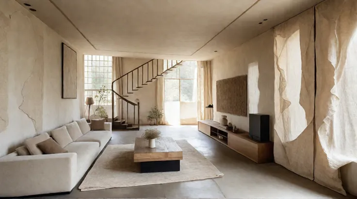 wabi sabi livingroom interior, couch, sofa, armchair, drape, coffee table, window, natural light, beige color scheme, softlight