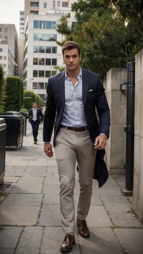 1man, suit, muscle, tall, realistic, handsome, handsome, realistic, Outdoors, blurred background, not looking at the camera, Unaware of the camera, walking