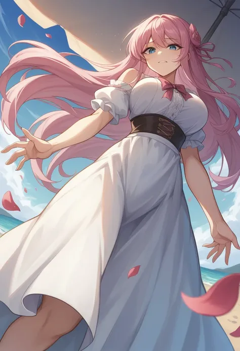 ((Highest quality)), ((masterpiece)), (detailed), ((Perfect Face)), Lilia, One Girl、Pink Hair、blue eyes、White dress with black lace、large pink ribbon on the chest、((whole body))、((Beach))、Fantastic、Mysterious、(Many petals flutter)、Artistic、Long skirt flutt...