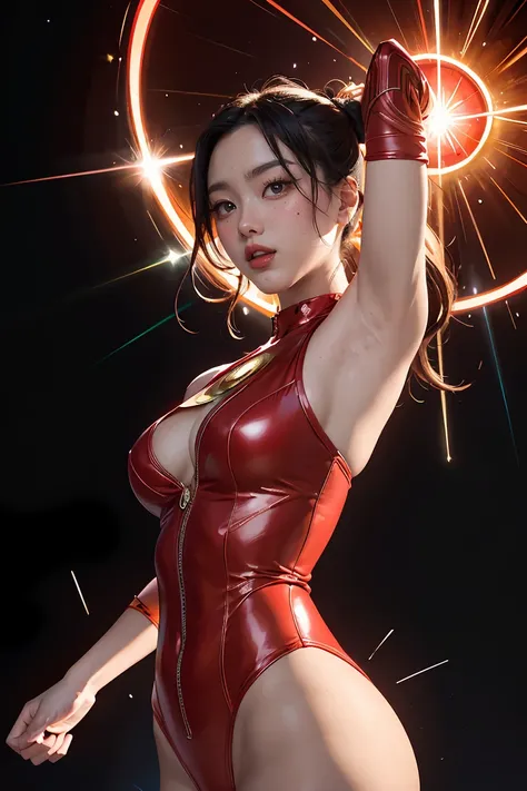 (best quality, 4k, highres, photorealistic), (concept art: 1.2), (bright colors: 1.1), (glowing effect: 1.1), (intense red: 1.2), (dynamic pose: 1.1), (powerful aura: 1.2), (fierce expression: 1.1), (sparkling eyes: 1.1), (flowing hair: 1.1), (ethereal bea...