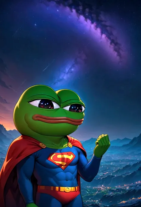 portrait of purple super hero pepe with purple skin,, wearing superman outfit with big h in middle , a starry night sky backgrou...