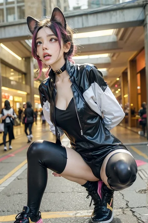 Highest quality, masterpiece, detailed, Well-organized composition,Ahegao,Cleavage,Heart-shaped pubic hair,Full body tattoos,Cat ear,tail,Leopard print sneakers,Black latex long coat,Fishnet tights,Wet white skin,Dripping Sweat,Surreal,Golden and pink hair...