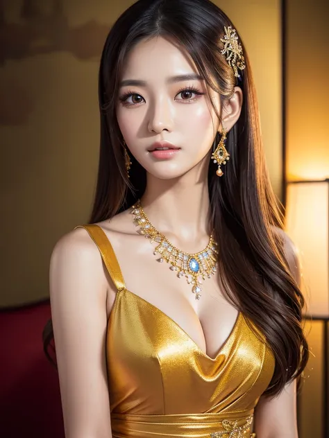 a beautiful young korean idol woman, high quality detailed portrait, extremely detailed face and eyes, long eyelashes, detailed skin texture, flawless makeup, elegant expression, detailed hair, beautiful detailed lips, intricate jewelry, detailed clothing,...